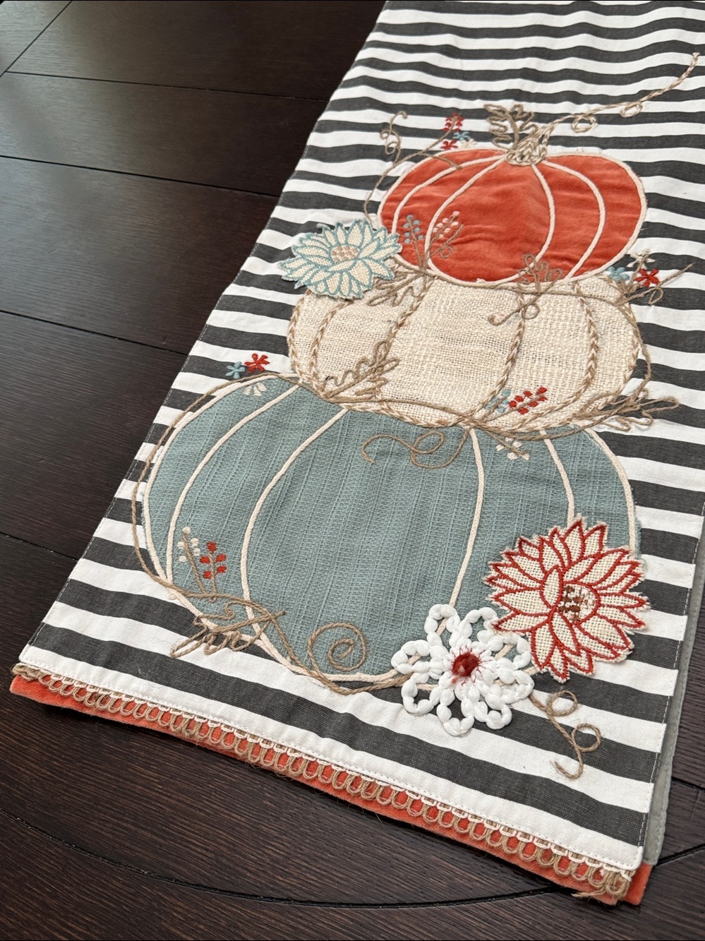 Artisan de Luxe stacked Pumpkin Embroidered  striped table runner fall autum